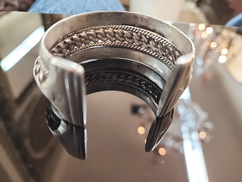 Vintage Egyptian 925 Sterling Silver Twisted Cable Center Wide Cuff Bracelet