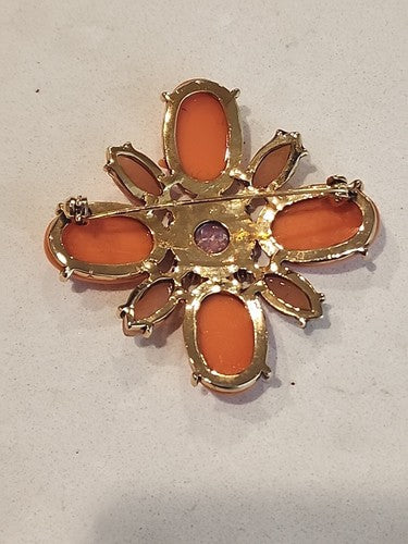 Vintage Pink Acrylic & Rhinestone Flower Brooch