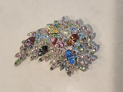 Multicolored Rhinestone Peacock Floral Branch Pendant & Brooch Pin