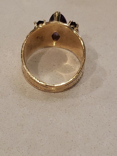 14K Yellow Gold 1920's Vintage 3 Stone Oval Amethyst Garnet Ring, Size 8.25