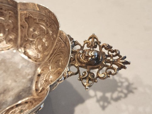 Hand Chased DUTCH .833 SILVER FOOTED BRANDY BOWL CHERUB HANDLES, FLUTED PANELED