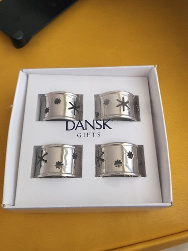 NIB Dansk International Set 4 Metal Napkin Rings Snowflake Cutout Seasonal India
