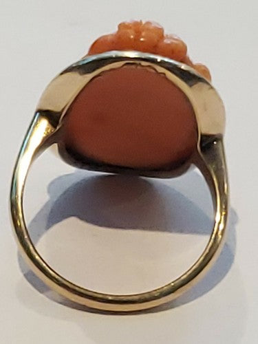Art Nouveau Carved Coral High Relief Cameo Ring Goddess 14k Solid Gold sz6.5