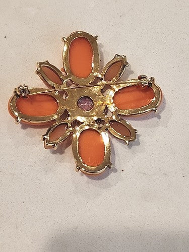 Vintage Pink Acrylic & Rhinestone Flower Brooch