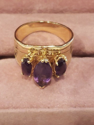 14K Yellow Gold 1920's Vintage 3 Stone Oval Amethyst Garnet Ring, Size 8.25