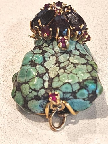 Natural Blue Lagoon Turquoise 14k Gold Pendant with Garnet Stones