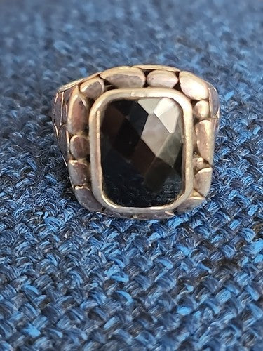 Vintage Bali Pebbled Sterling Silver Faceted Bezel Set Onyx Ring, Size 5