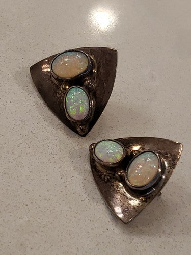 Midcentury Design Earrings Sterling Silver with Natural White Opal