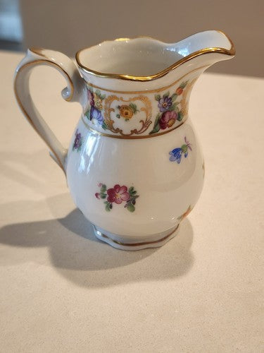 Vintage Schumann Bavarian DRESDEN LINE Flowers Gold Gilt Pitcher Creamer 3 3/8"