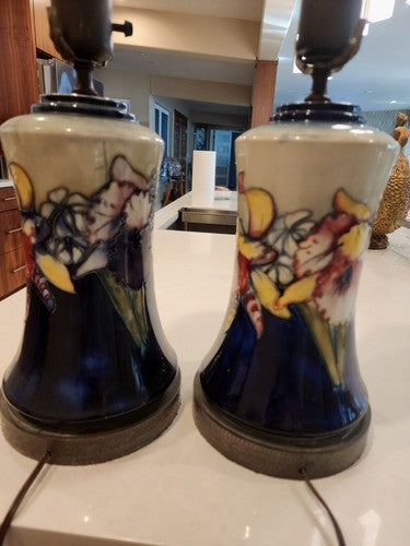 Pair of RARE Moorcroft Pottery Iris Torchiere Table Lamps Perfect