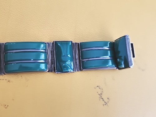 Vintage Aztec Mayan Warrior Face Green Agate Cabochon Sterling Silver Bracelet