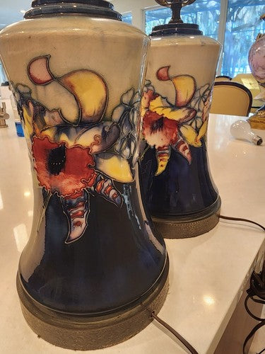 Pair of RARE Moorcroft Pottery Iris Torchiere Table Lamps Perfect
