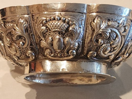 Hand Chased DUTCH .833 SILVER FOOTED BRANDY BOWL CHERUB HANDLES, FLUTED PANELED