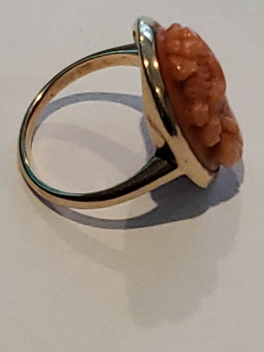 Art Nouveau Carved Coral High Relief Cameo Ring Goddess 14k Solid Gold sz6.5