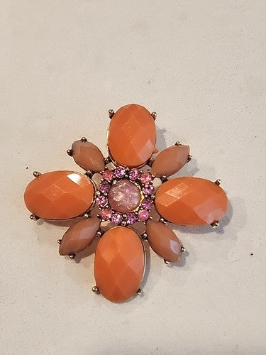 Vintage Pink Acrylic & Rhinestone Flower Brooch