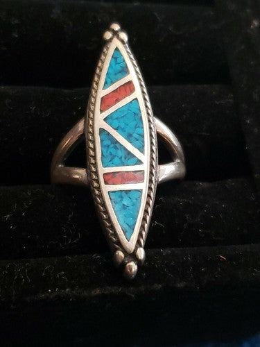 Vintage Sam Arviso Navajo Sterling Silver Turquoise & Coral Ring Sz: 6.75