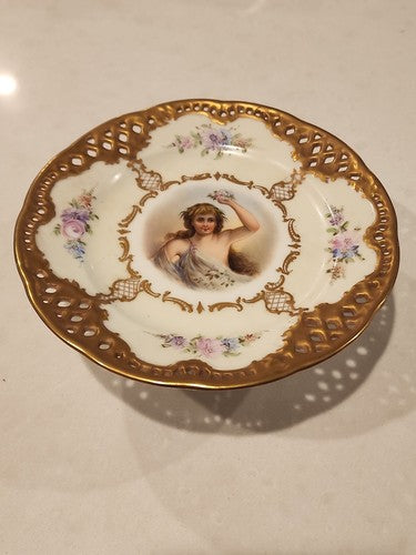 Antique Germany Compote Openwork Porcelain with Hand-Painted Portrait