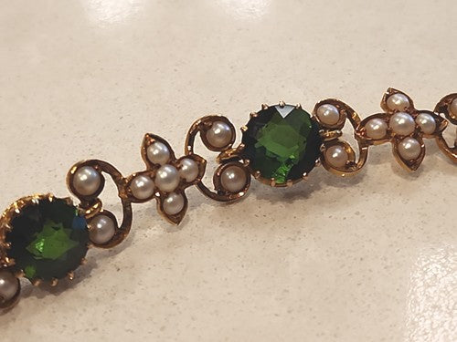 Antique Edwardian 15ct Gold Bracelet Tourmalines and Pearl