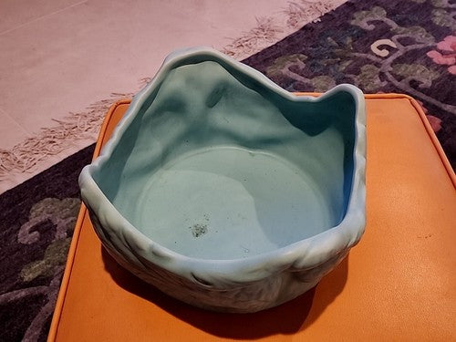 WELLER POTTERY SOFT BLUE BOWL W/ SWAN LOVE BIRDS...SIGNED & MINT! VERY RARE!