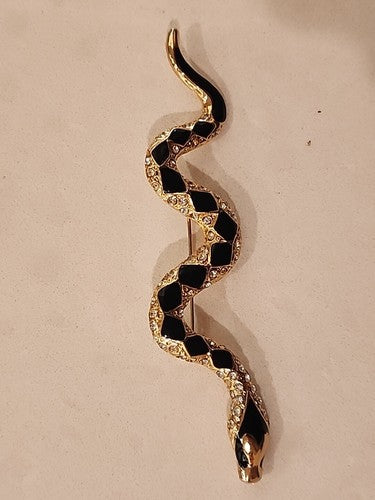 Vintage Costume Snake Brooch w/ Enamel and Crystal Elements