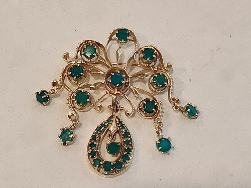 Antique 19c 14k GOLD Dangle Drop Emerald Chandelier  Brooch 2 1/4"