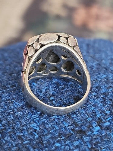 Vintage Bali Pebbled Sterling Silver Faceted Bezel Set Onyx Ring, Size 5