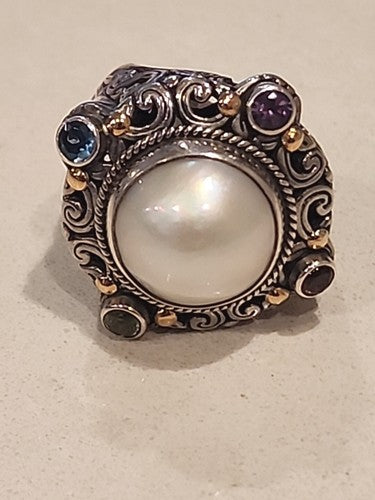Byzantine Sterling Silver 18kt Statement Ring Gemstones Cocktail