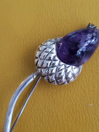 Vintage Sterling Silver Acorn Pin with Amythyst Acorn