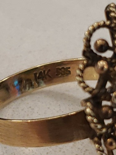 ORNATE Ladies 14k Yellow Gold Marquise Shape Jade Filigree Band Estate Ring
