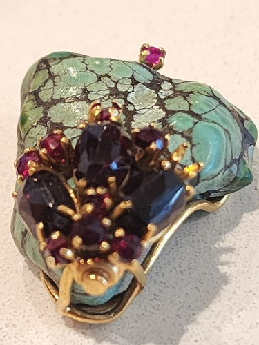 Natural Blue Lagoon Turquoise 14k Gold Pendant with Garnet Stones