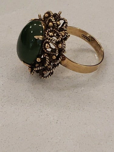 ORNATE Ladies 14k Yellow Gold Marquise Shape Jade Filigree Band Estate Ring