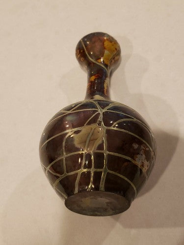 Antique Iridescent Silver Overlay Art Glass Vase Loetz-Type unsigned