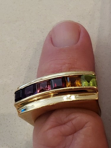 14K Solid Yellow and White Gold Hand-Made Multi Color Channel Set Gemstone Ring
