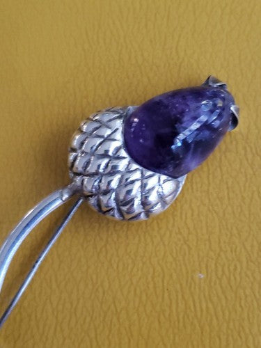 Vintage Sterling Silver Acorn Pin with Amythyst Acorn
