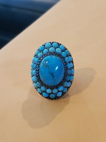 Turquoise Ring Sterling Silver with Double Halo so 8