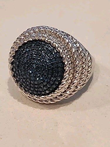 Affinity JS Round Pave Blue Natural Sapphires Sterling Ring Size 6.25
