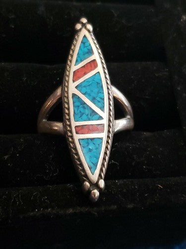 Vintage Sam Arviso Navajo Sterling Silver Turquoise & Coral Ring Sz: 6.75