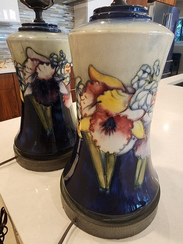 Pair of RARE Moorcroft Pottery Iris Torchiere Table Lamps Perfect