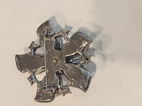 Vintage Blue/Green Enamel & Sparkly Rhinestone Flower Brooch