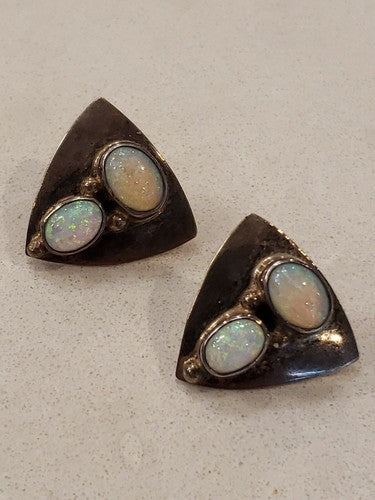 Midcentury Design Earrings Sterling Silver with Natural White Opal
