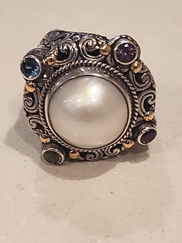 Byzantine Sterling Silver 18kt Statement Ring Gemstones Cocktail