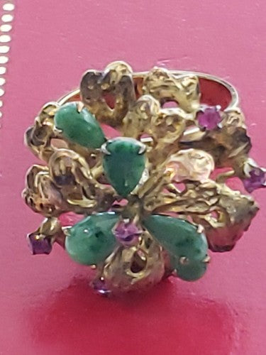 14k Yellow Gold Ruby & Jade Flower Ring s7.5