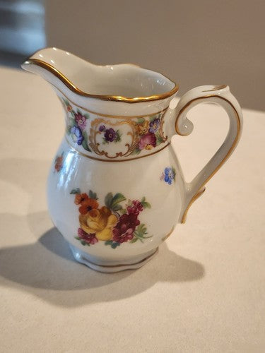 Vintage Schumann Bavarian DRESDEN LINE Flowers Gold Gilt Pitcher Creamer 3 3/8"