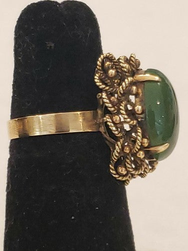 ORNATE Ladies 14k Yellow Gold Marquise Shape Jade Filigree Band Estate Ring