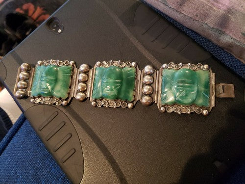Vtg Mexico 40’s Carved Jade Sterling Silver 925 Link Bracelet