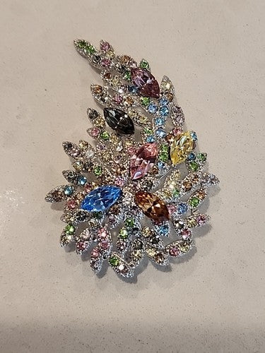 Multicolored Rhinestone Peacock Floral Branch Pendant & Brooch Pin