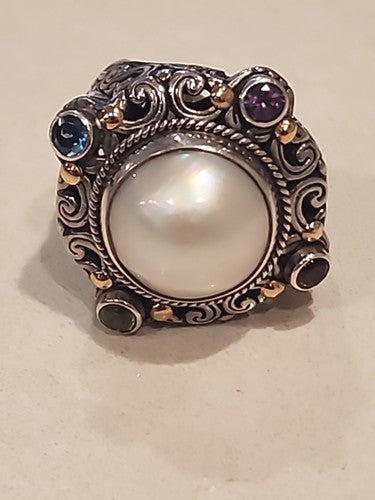 Byzantine Sterling Silver 18kt Statement Ring Gemstones Cocktail