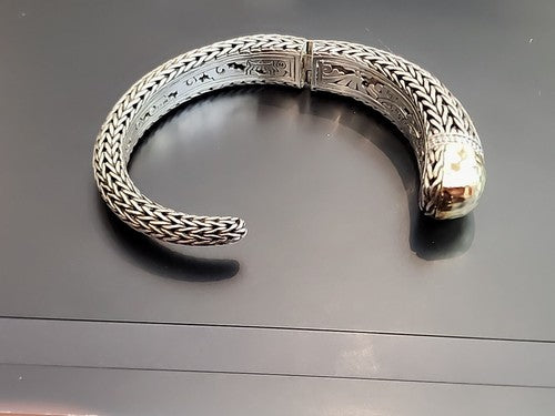 John Hardy Sterling Silver 18kt Gold with Diamonds Hinged Cuff