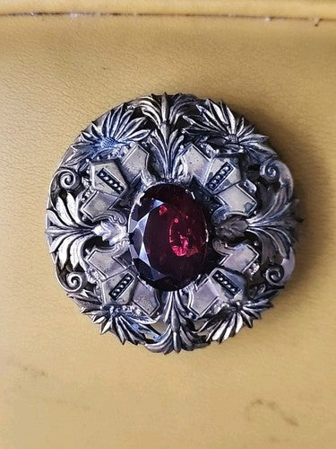 Art Deco Antique Gold Tone Floral Rhinestone Brooch Pin Red Faceted Stone