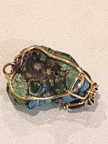 Natural Blue Lagoon Turquoise 14k Gold Pendant with Garnet Stones